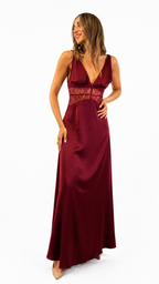 Abito in raso e pizzo bordeaux