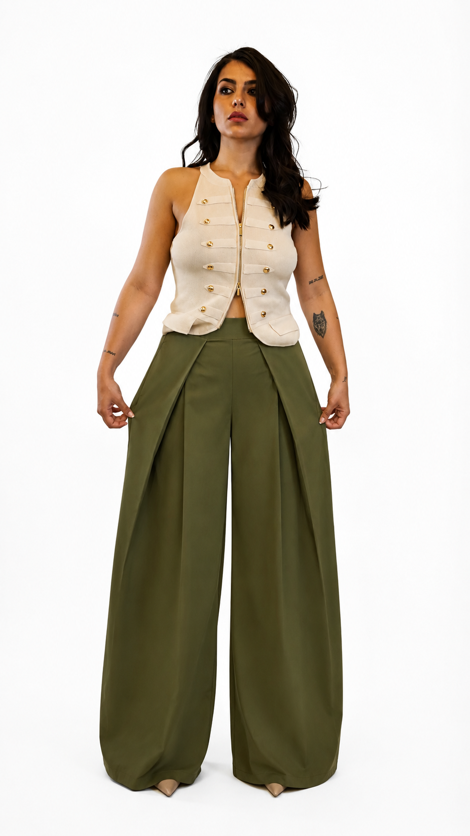 Pantalone con pence verde oliva