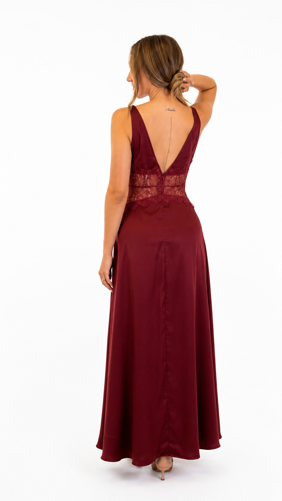 Abito in raso e pizzo bordeaux